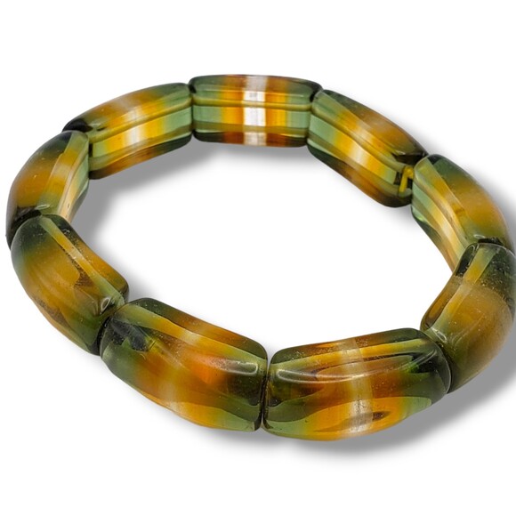 Vintage Art Glass Bead Stretch Bracelet Olive Green Marigold Yellow Clear Stripe - Picture 1 of 7